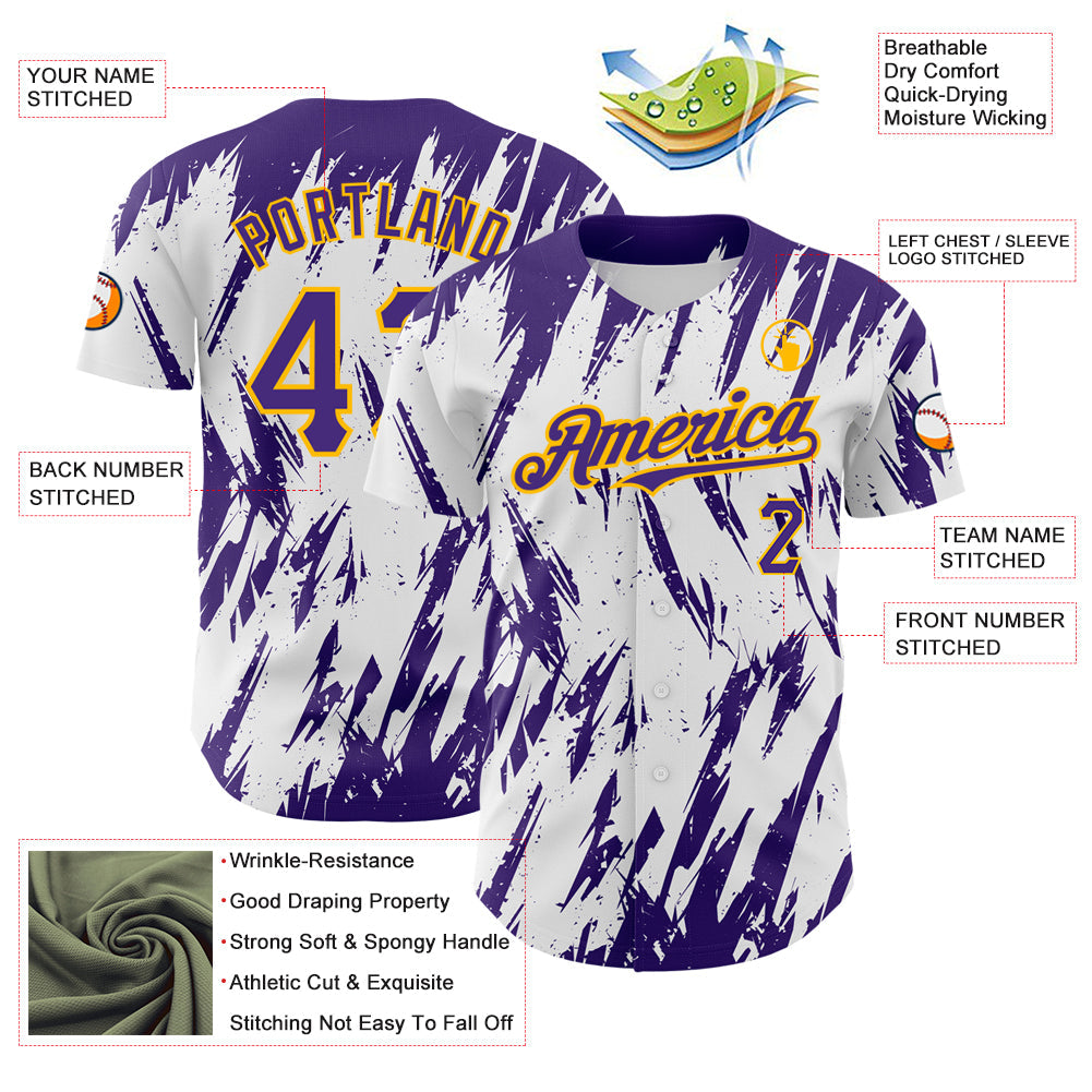 Custom White Purple-Gold 3D Pattern Design Abstract Sharp Shape Authentic Baseball Jersey view 3