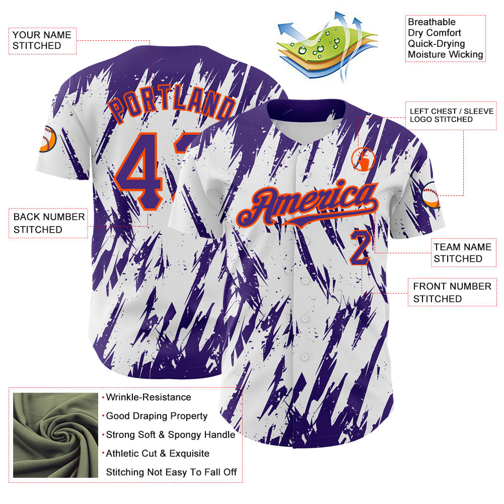 Custom White Purple-Orange 3D Pattern Design Abstract Sharp Shape Authentic Baseball Jersey view 3
