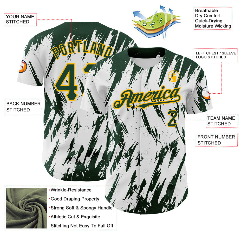 Custom White Green-Gold 3D Pattern Design Abstract Sharp Shape Authentic Baseball Jersey view 3