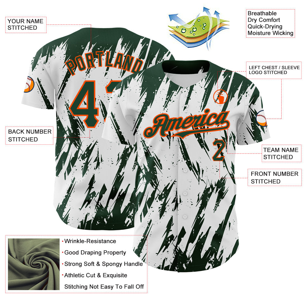 Custom White Green-Orange 3D Pattern Design Abstract Sharp Shape Authentic Baseball Jersey view 3