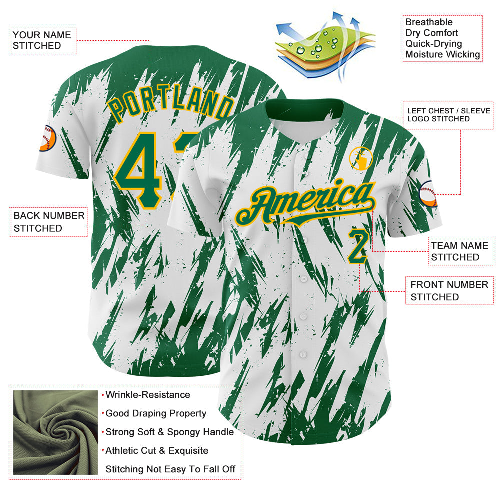 Custom White Kelly Green-Gold 3D Pattern Design Abstract Sharp Shape Authentic Baseball Jersey view 3