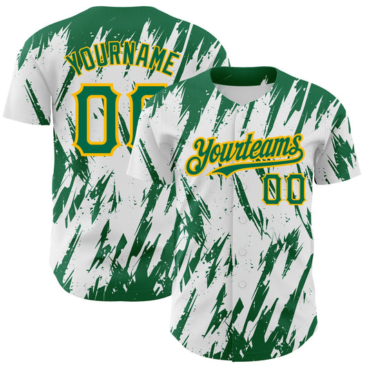 Custom White Kelly Green-Gold 3D Pattern Design Abstract Sharp Shape Authentic Baseball Jersey - Main View