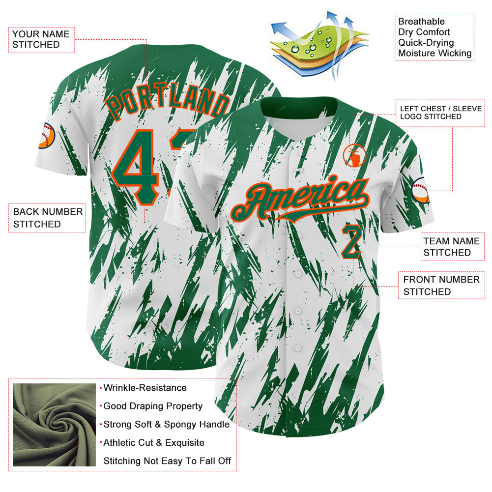 Custom White Kelly Green-Orange 3D Pattern Design Abstract Sharp Shape Authentic Baseball Jersey view 3
