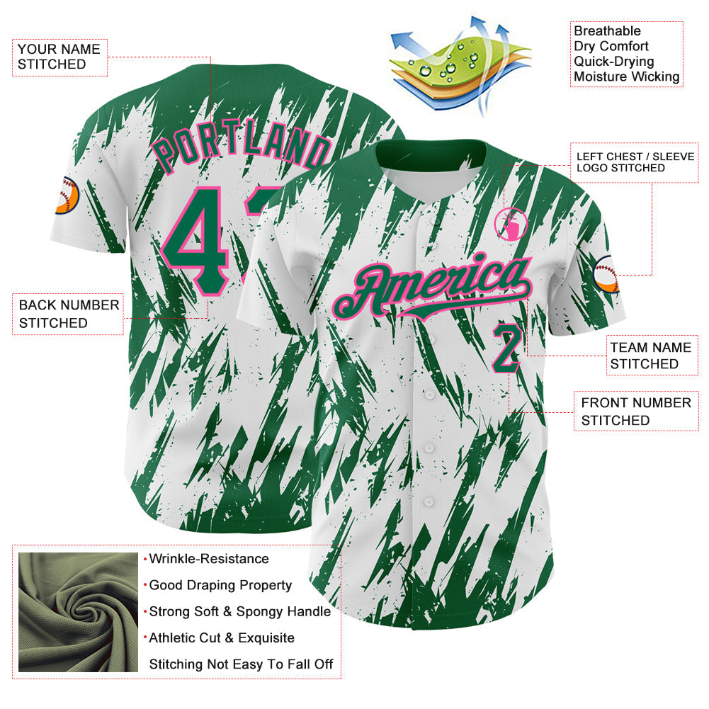 Custom White Kelly Green-Pink 3D Pattern Design Abstract Sharp Shape Authentic Baseball Jersey view 3