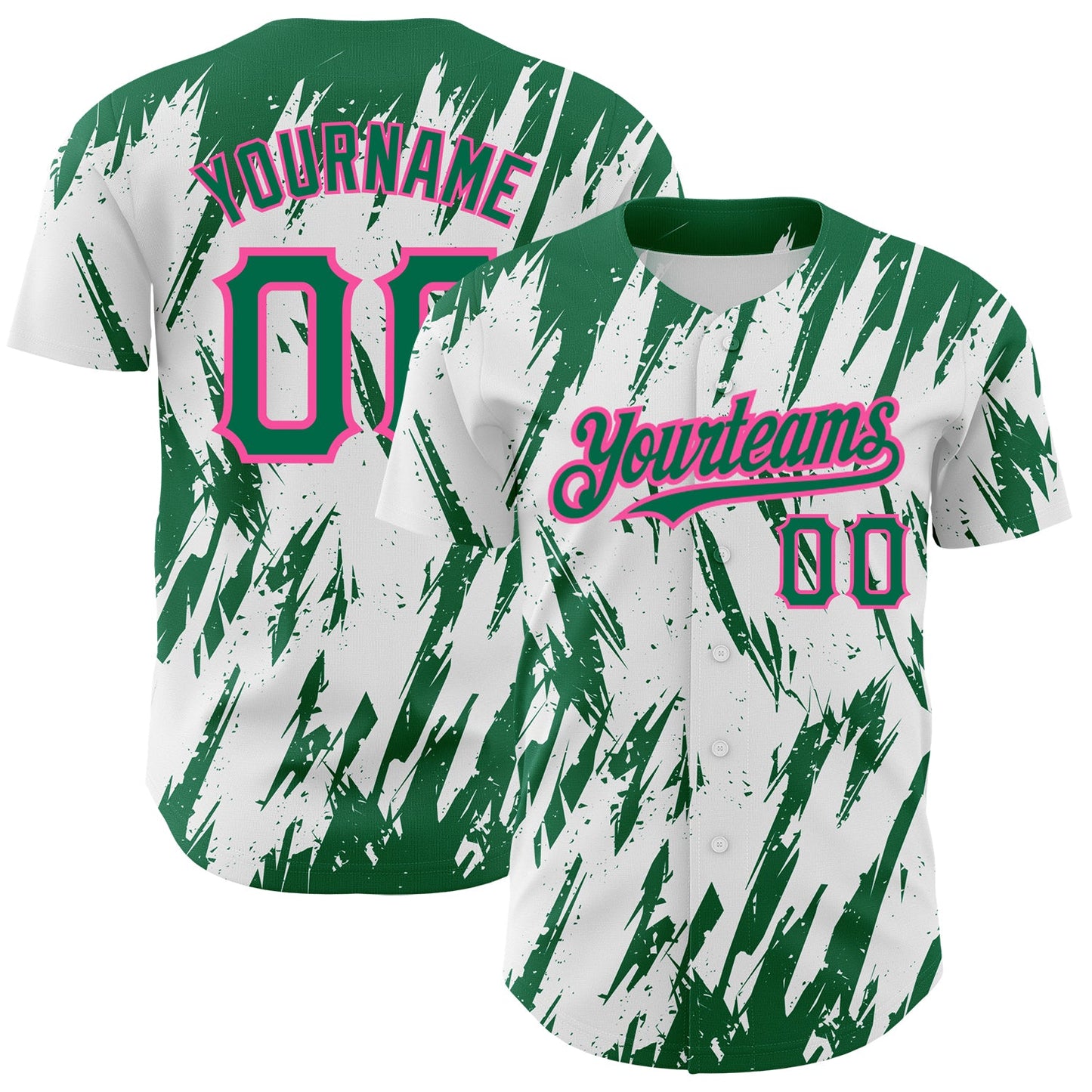 Custom White Kelly Green-Pink 3D Pattern Design Abstract Sharp Shape Authentic Baseball Jersey - Main View