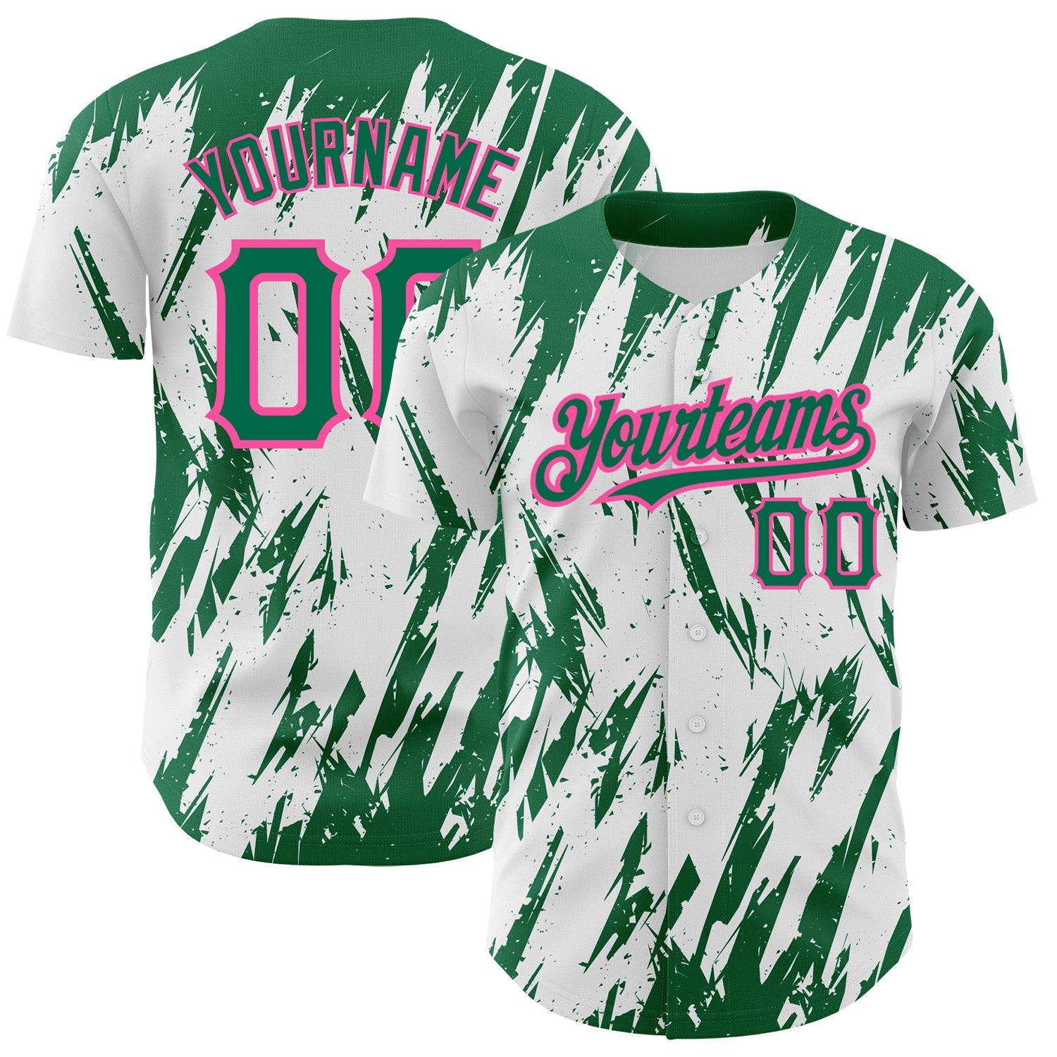 Custom White Kelly Green-Pink 3D Pattern Design Abstract Sharp Shape Authentic Baseball Jersey - Main View
