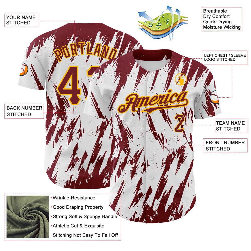 Custom White Crimson-Gold 3D Pattern Design Abstract Sharp Shape Authentic Baseball Jersey view 3