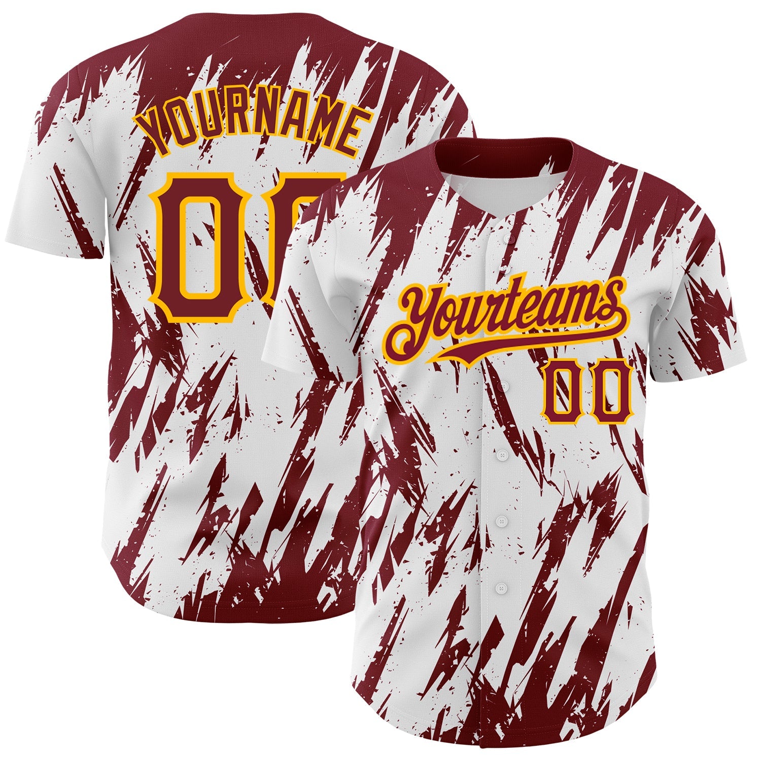 Custom White Crimson-Gold 3D Pattern Design Abstract Sharp Shape Authentic Baseball Jersey - Main View