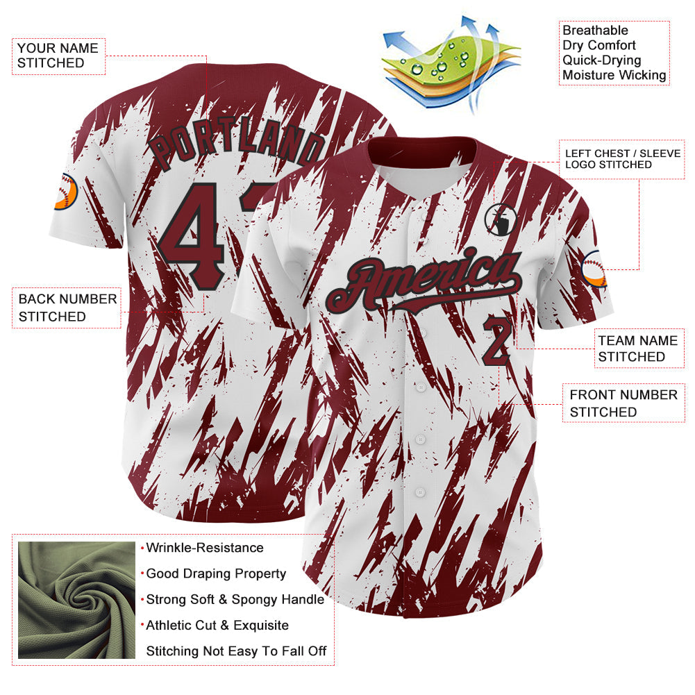 Custom White Crimson-Black 3D Pattern Design Abstract Sharp Shape Authentic Baseball Jersey view 3