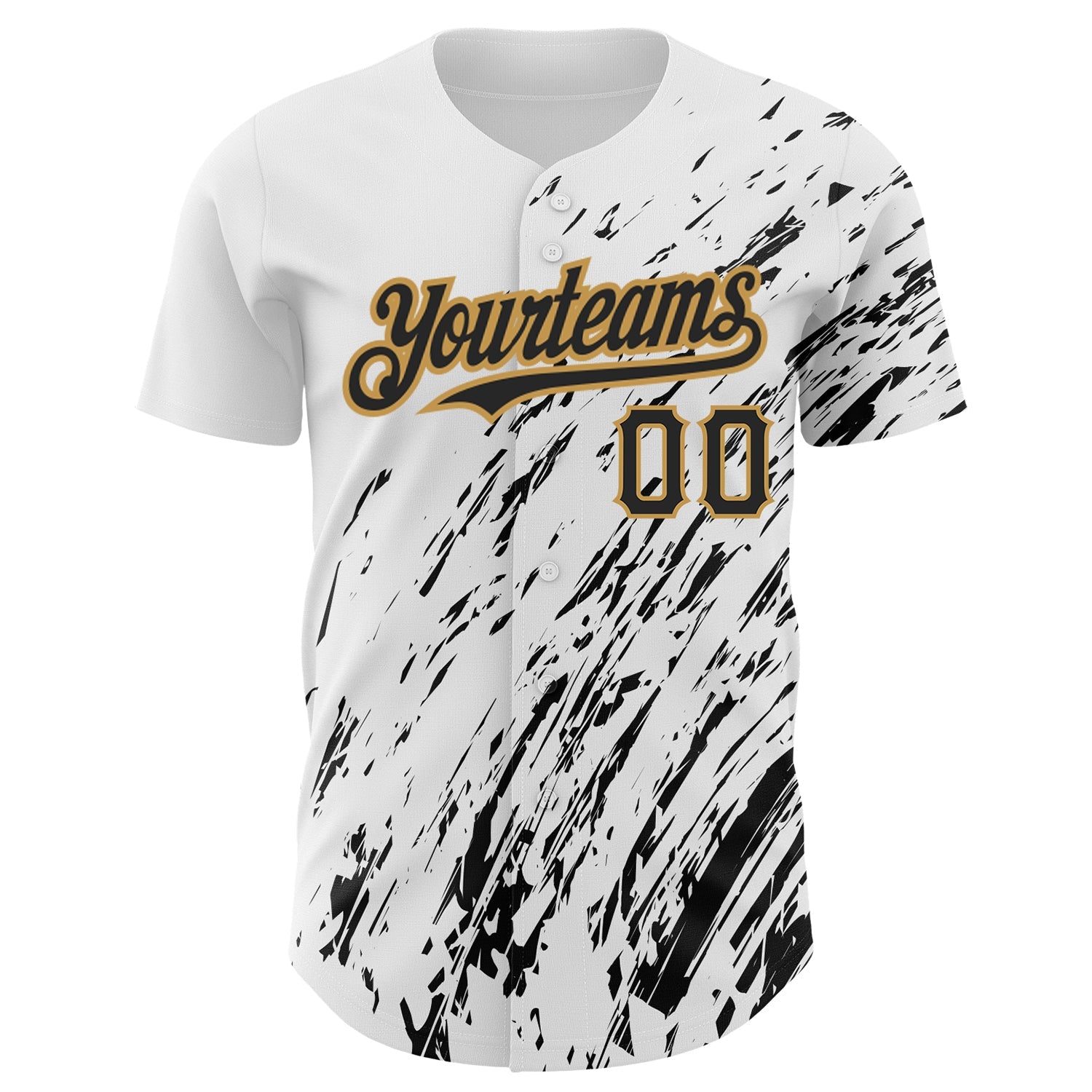 Custom White Black-Old Gold 3D Pattern Design Abstract Splash Authentic Baseball Jersey view 2