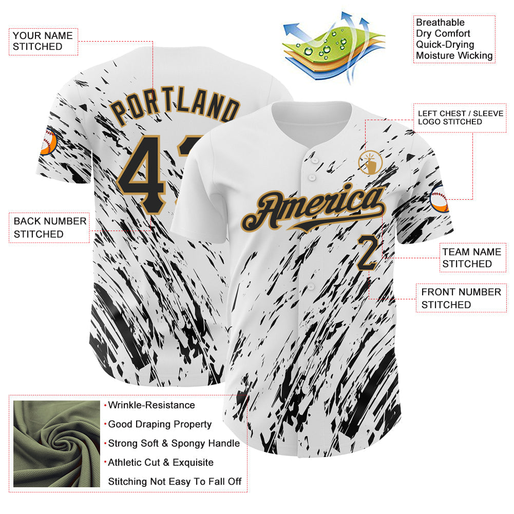 Custom White Black-Old Gold 3D Pattern Design Abstract Splash Authentic Baseball Jersey view 3