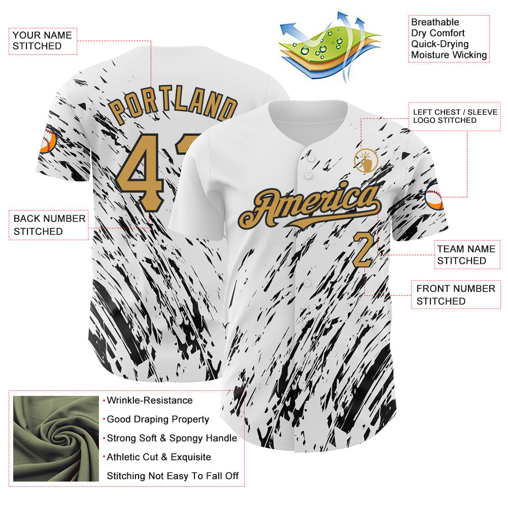 Custom White Old Gold-Black 3D Pattern Design Abstract Splash Authentic Baseball Jersey view 3