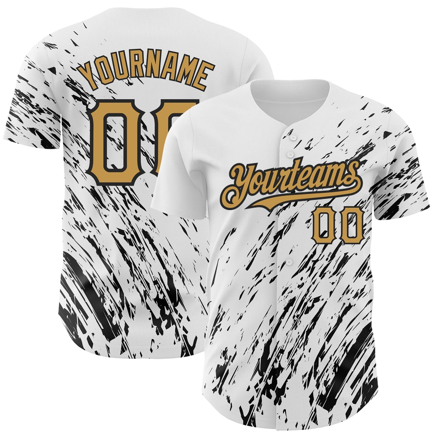 Custom White Old Gold-Black 3D Pattern Design Abstract Splash Authentic Baseball Jersey - Main View