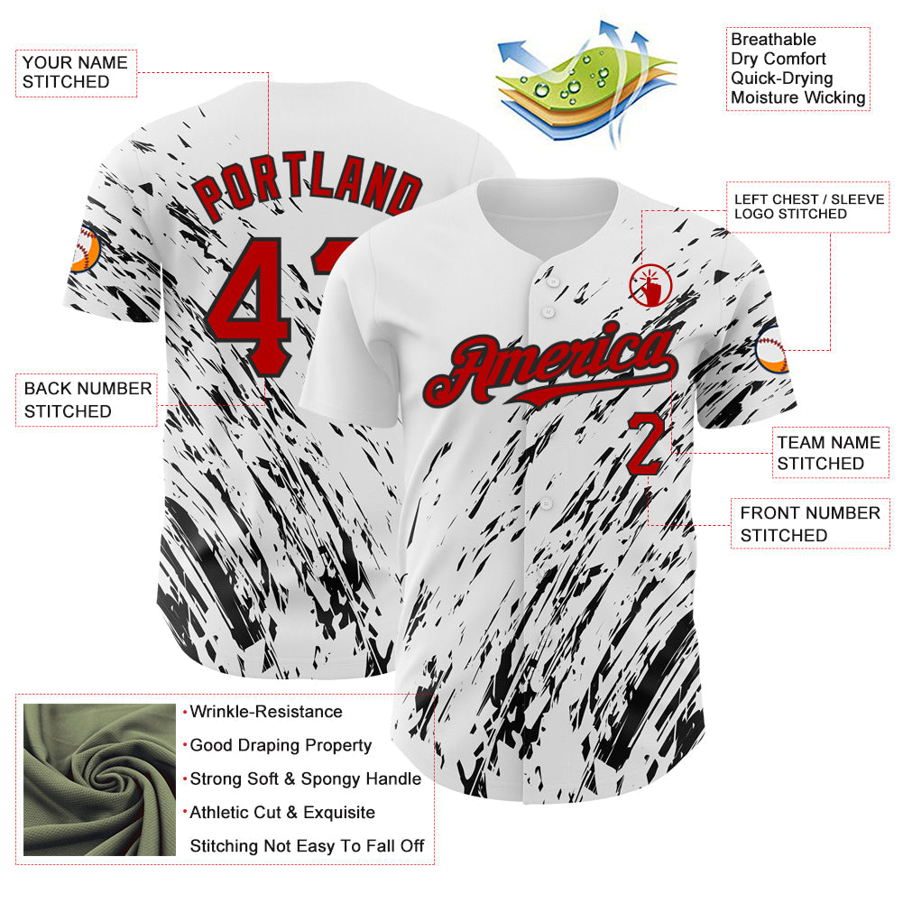 Custom White Red-Black 3D Pattern Design Abstract Splash Authentic Baseball Jersey view 3