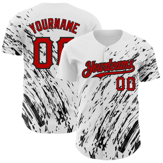 Custom White Red-Black 3D Pattern Design Abstract Splash Authentic Baseball Jersey - Main View