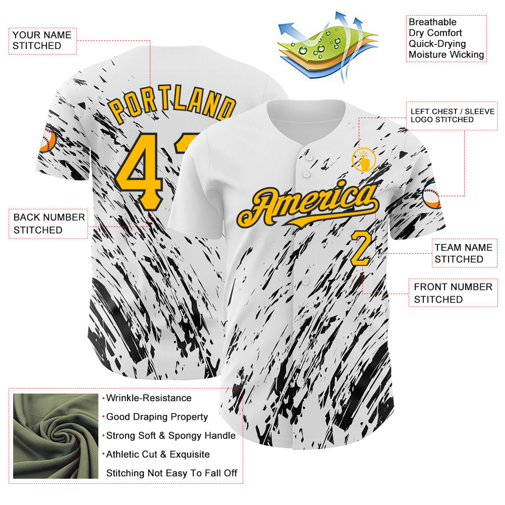 Custom White Gold-Black 3D Pattern Design Abstract Splash Authentic Baseball Jersey view 3