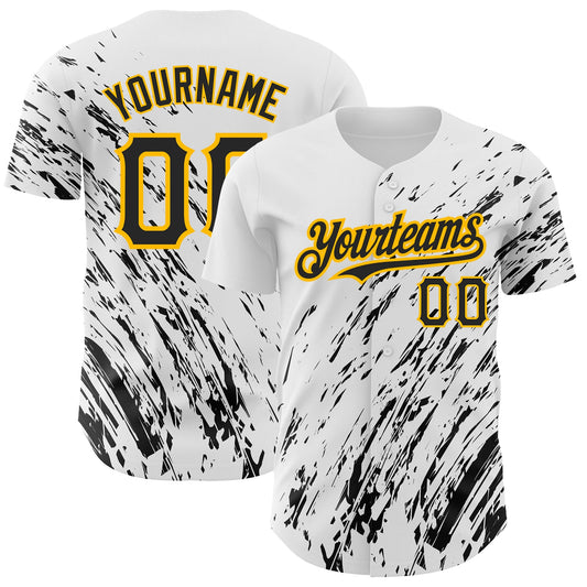 Custom White Black-Gold 3D Pattern Design Abstract Splash Authentic Baseball Jersey - Main View