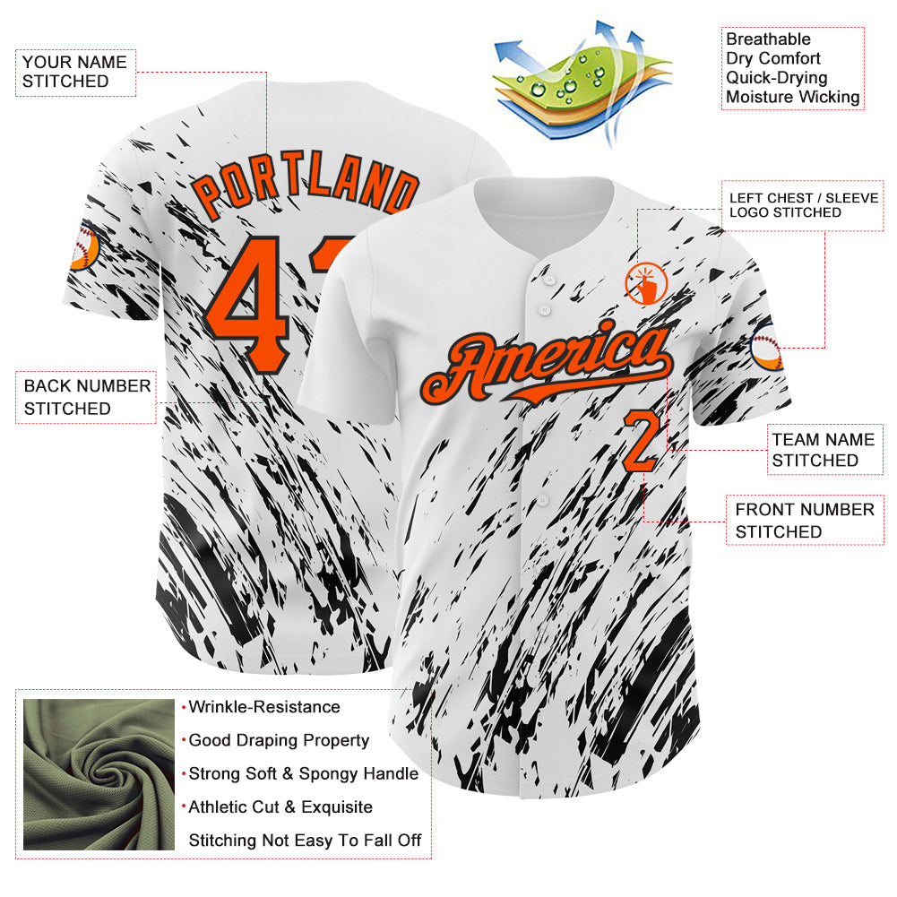 Custom White Orange-Black 3D Pattern Design Abstract Splash Authentic Baseball Jersey view 3