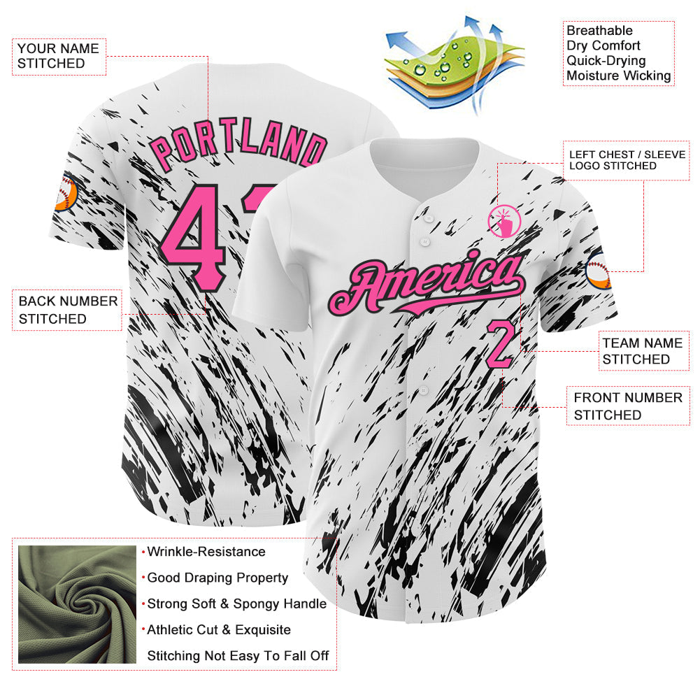 Custom White Pink-Black 3D Pattern Design Abstract Splash Authentic Baseball Jersey view 3