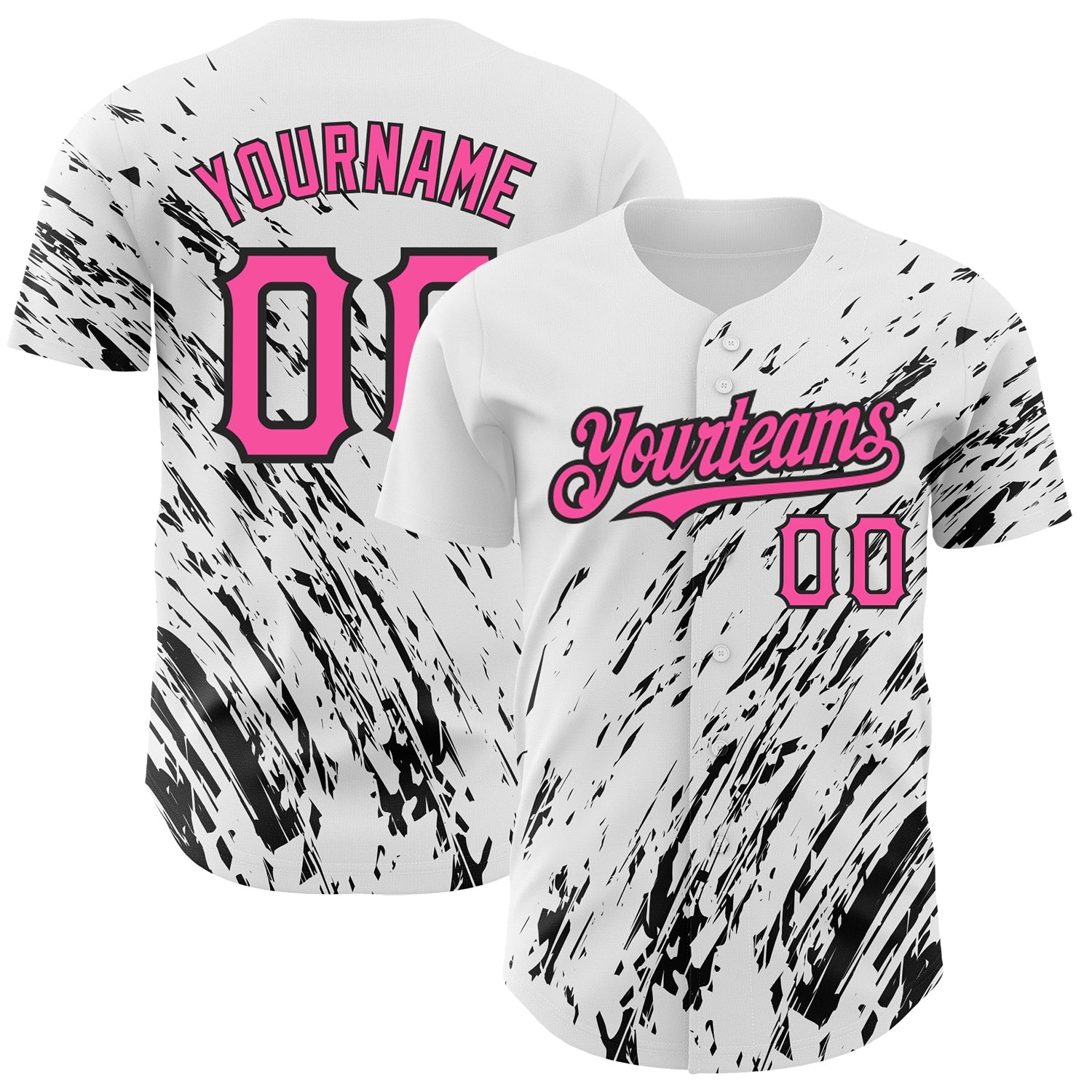 Custom White Pink-Black 3D Pattern Design Abstract Splash Authentic Baseball Jersey - Main View