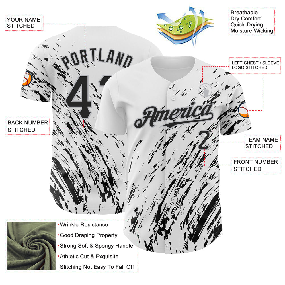 Custom White Black-Gray 3D Pattern Design Abstract Splash Authentic Baseball Jersey view 3