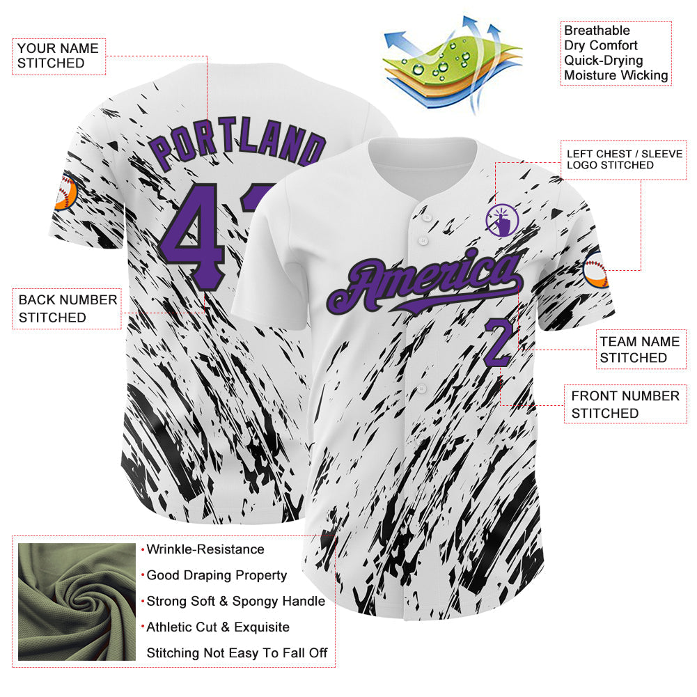 Custom White Purple-Black 3D Pattern Design Abstract Splash Authentic Baseball Jersey view 3