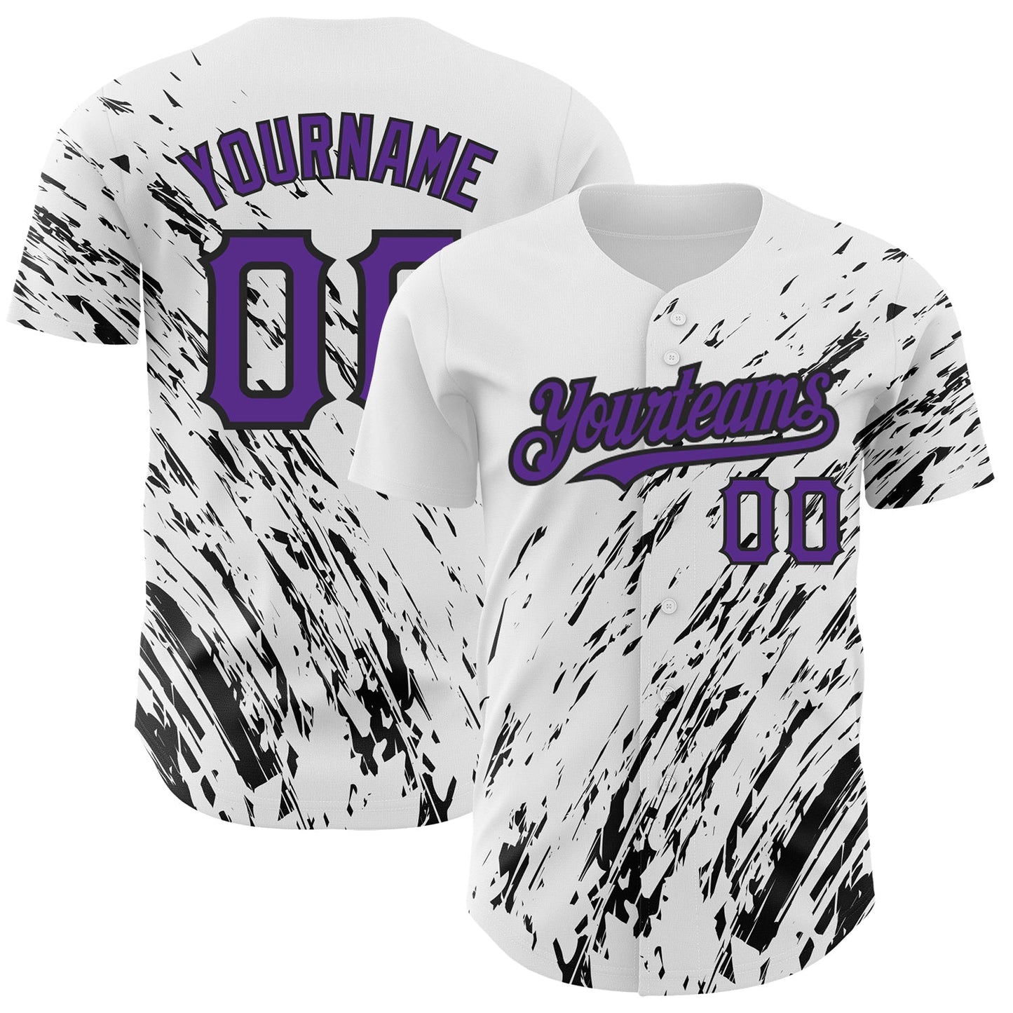 Custom White Purple-Black 3D Pattern Design Abstract Splash Authentic Baseball Jersey - Main View