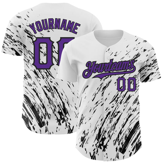 Custom White Purple-Black 3D Pattern Design Abstract Splash Authentic Baseball Jersey - Main View