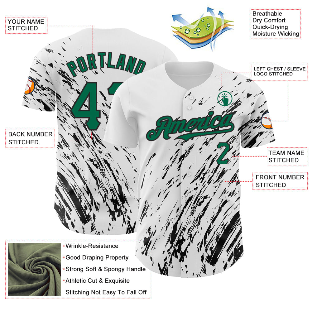 Custom White Kelly Green-Black 3D Pattern Design Abstract Splash Authentic Baseball Jersey view 3