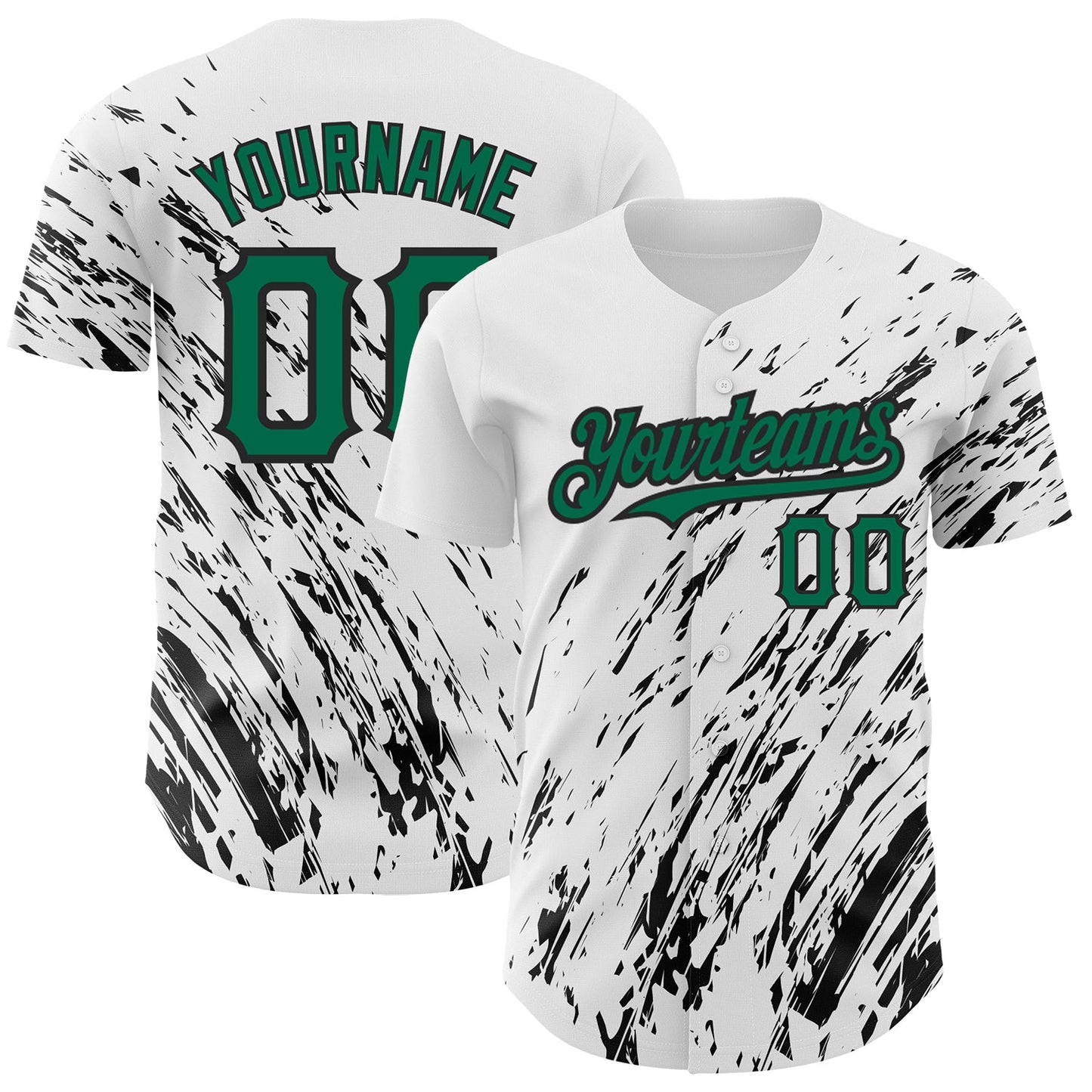 Custom White Kelly Green-Black 3D Pattern Design Abstract Splash Authentic Baseball Jersey - Main View