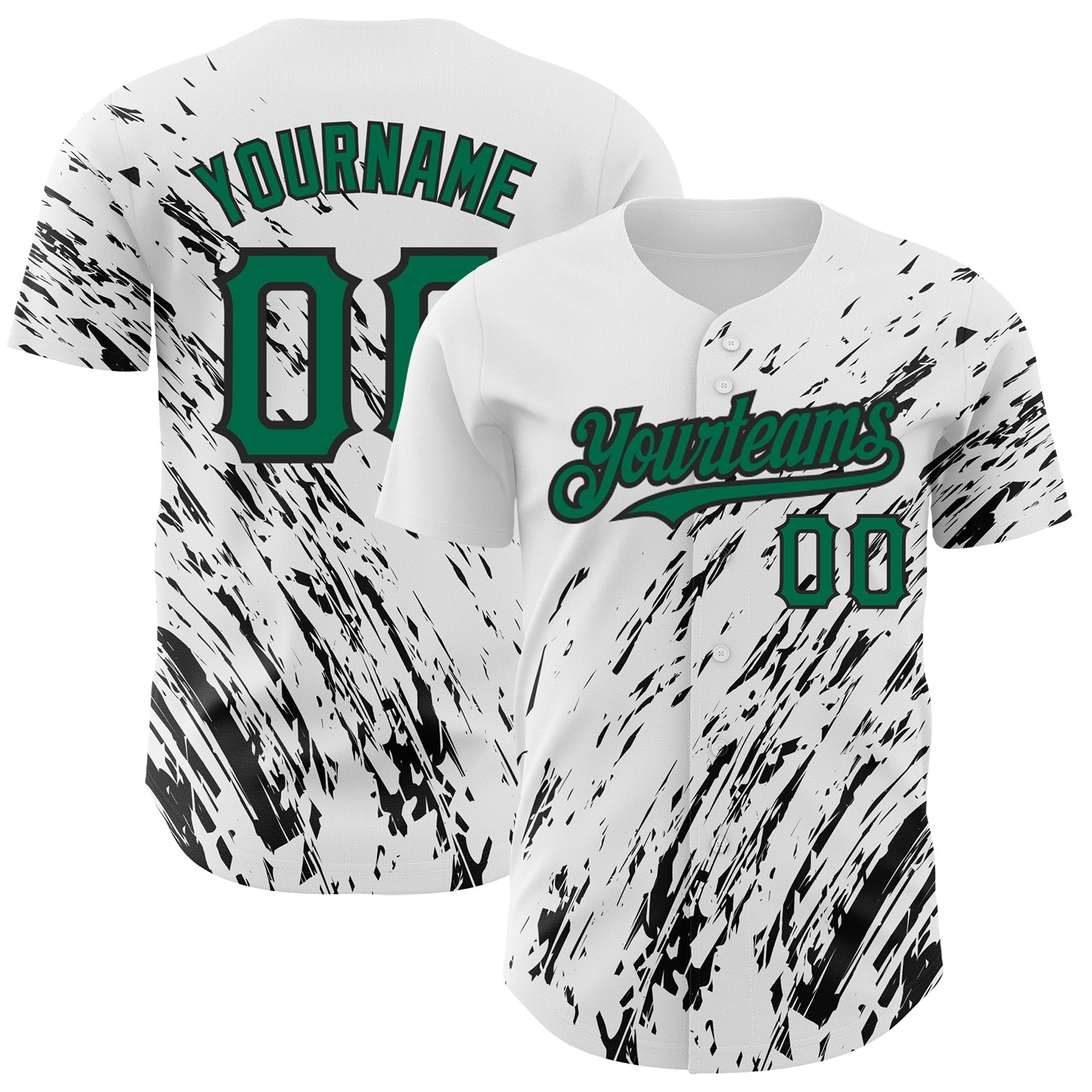 Custom White Kelly Green-Black 3D Pattern Design Abstract Splash Authentic Baseball Jersey - Main View