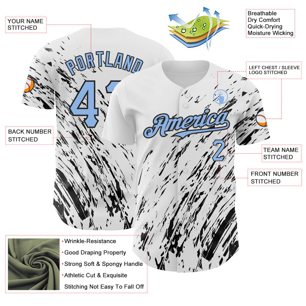Custom White Light Blue-Black 3D Pattern Design Abstract Splash Authentic Baseball Jersey view 3