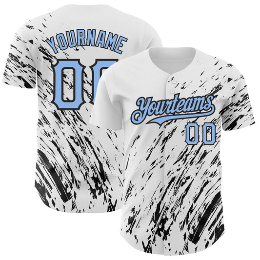 Custom White Light Blue-Black 3D Pattern Design Abstract Splash Authentic Baseball Jersey - Main View