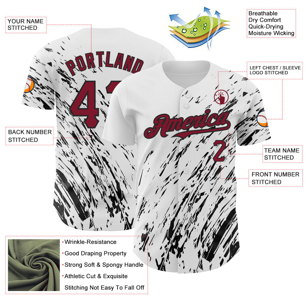 Custom White Crimson-Black 3D Pattern Design Abstract Splash Authentic Baseball Jersey view 3