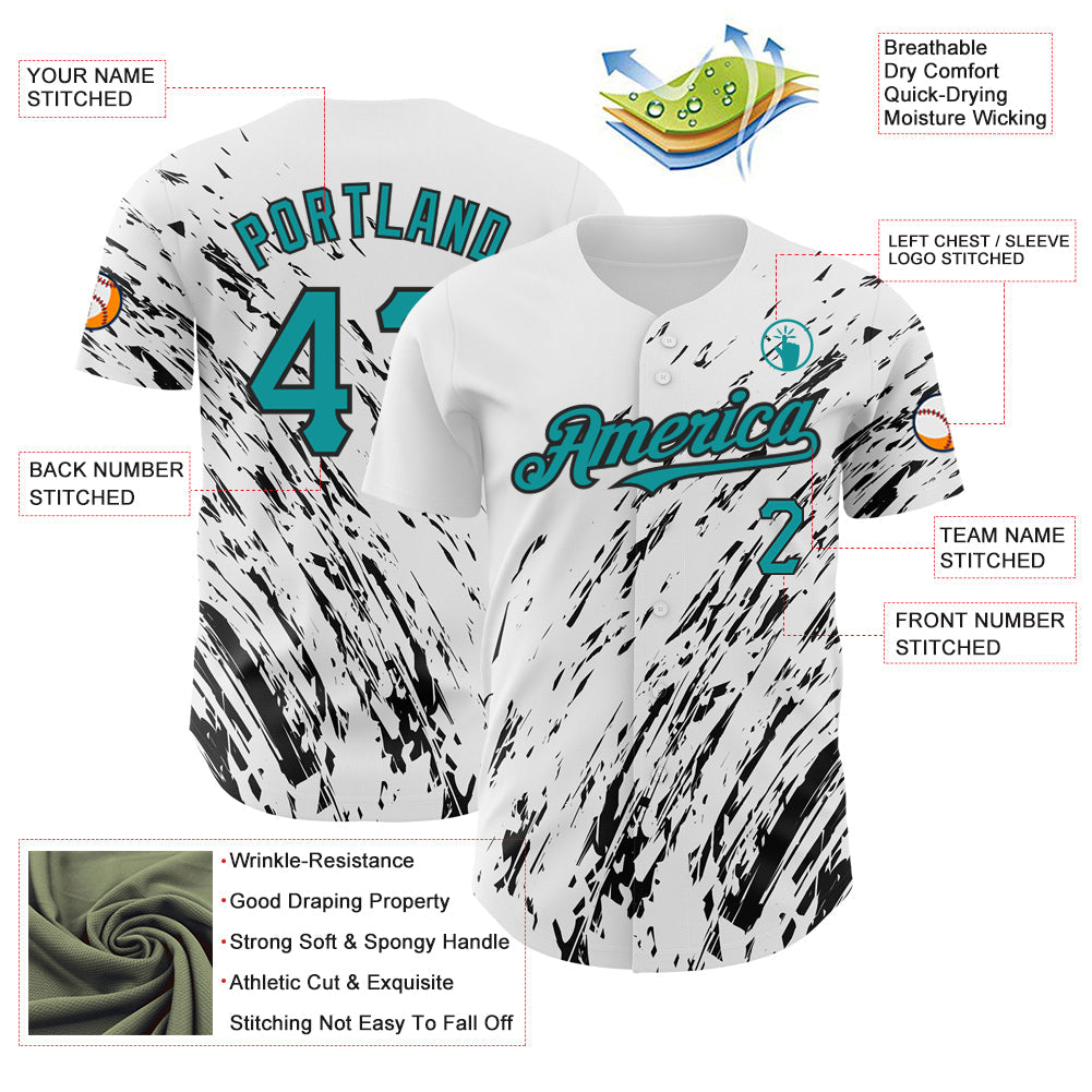 Custom White Teal-Black 3D Pattern Design Abstract Splash Authentic Baseball Jersey view 3