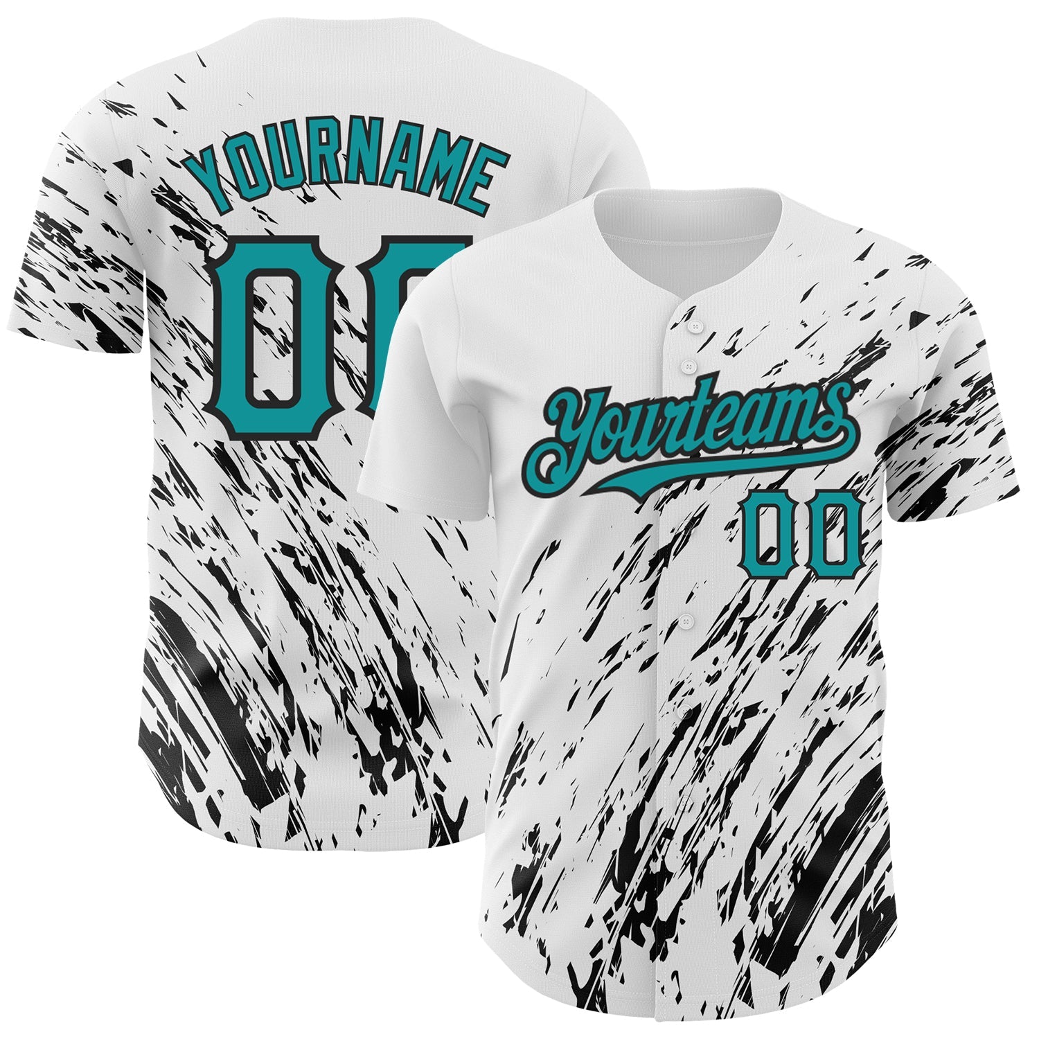 Custom White Teal-Black 3D Pattern Design Abstract Splash Authentic Baseball Jersey - Main View