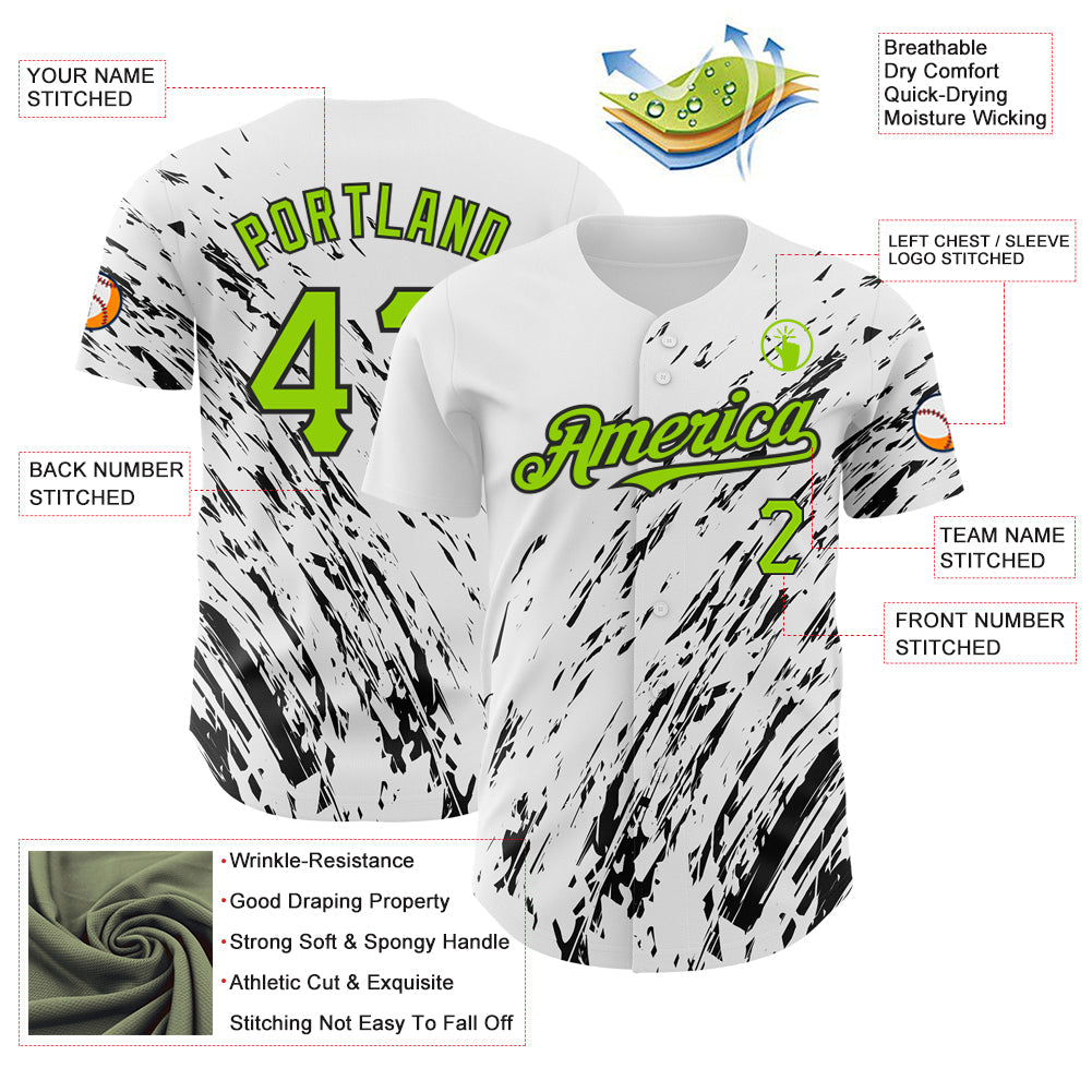Custom White Neon Green-Black 3D Pattern Design Abstract Splash Authentic Baseball Jersey view 3