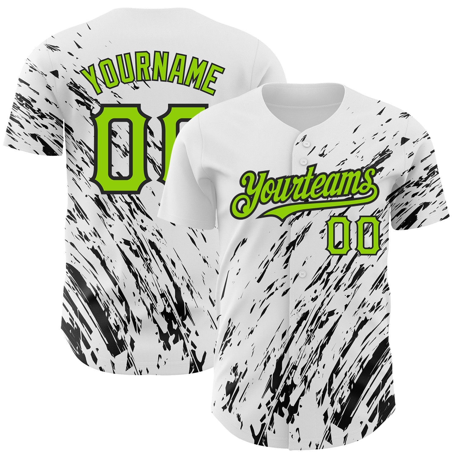 Custom White Neon Green-Black 3D Pattern Design Abstract Splash Authentic Baseball Jersey - Main View