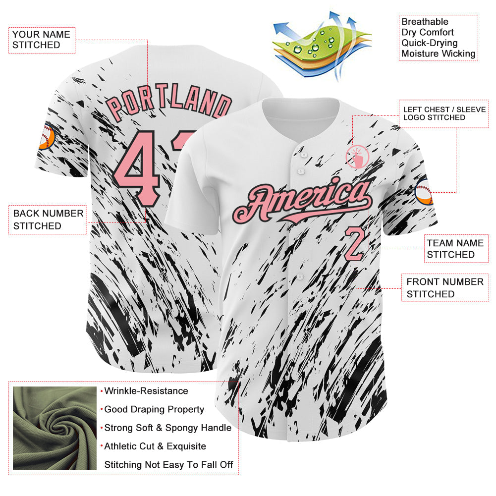 Custom White Medium Pink-Black 3D Pattern Design Abstract Splash Authentic Baseball Jersey view 3
