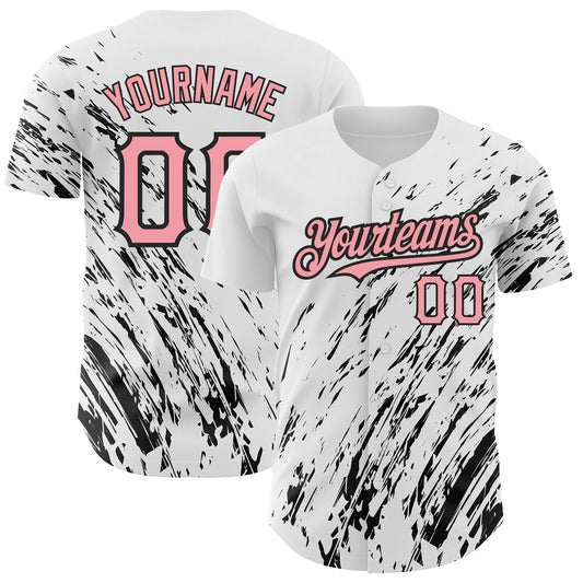 Custom White Medium Pink-Black 3D Pattern Design Abstract Splash Authentic Baseball Jersey - Main View