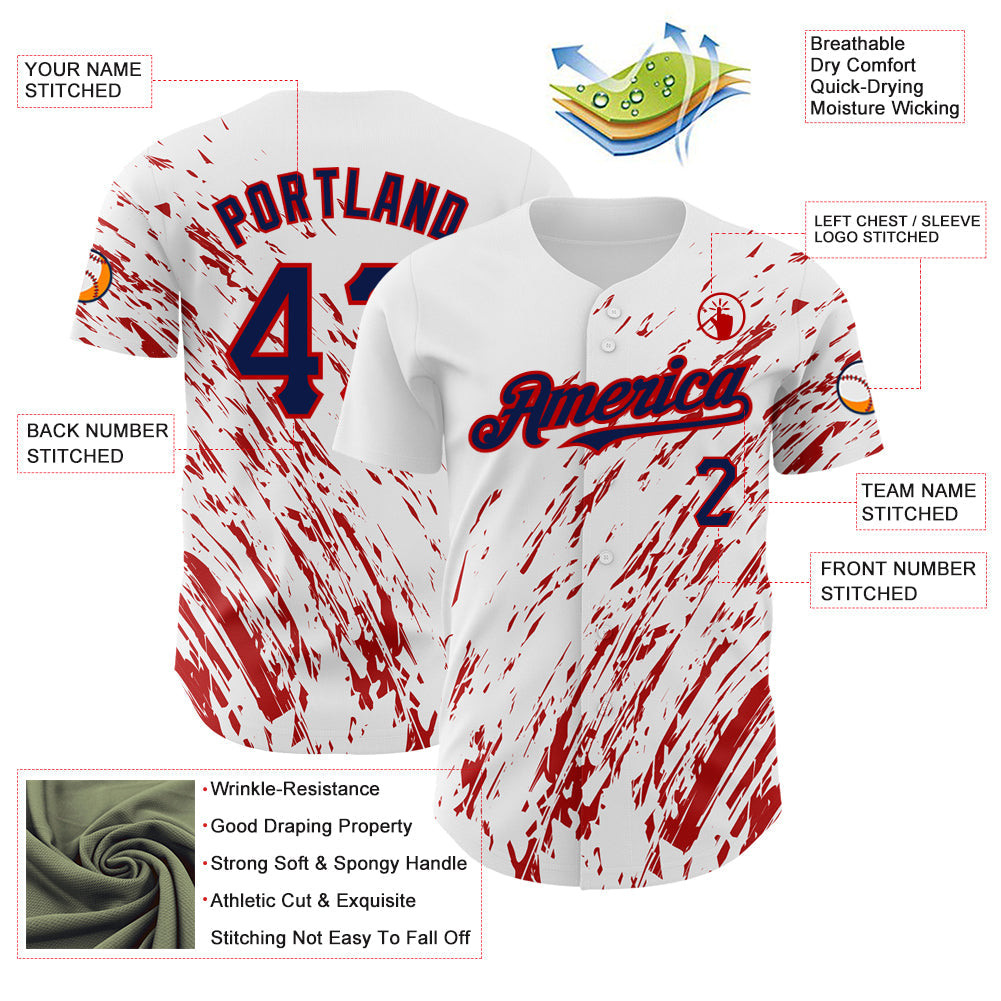 Custom White Navy-Red 3D Pattern Design Abstract Splash Authentic Baseball Jersey view 3