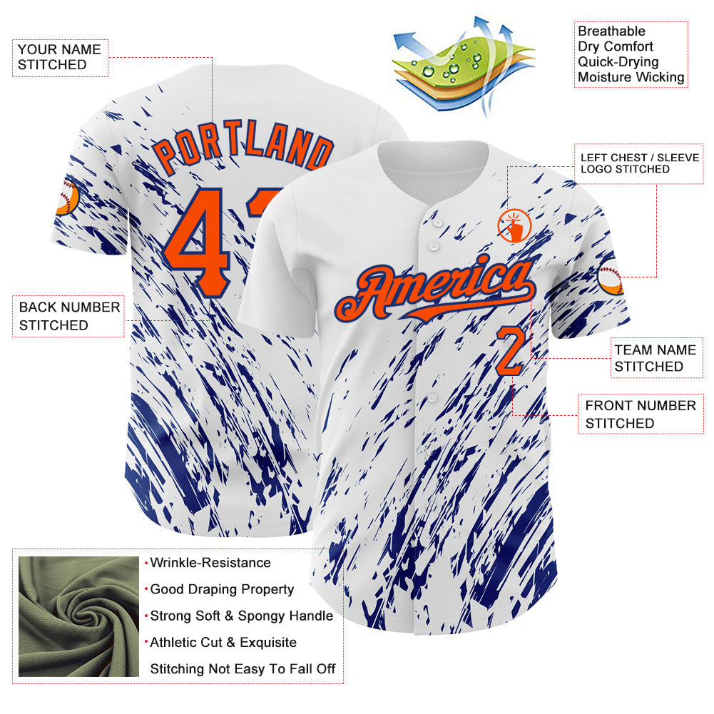 Custom White Orange-Royal 3D Pattern Design Abstract Splash Authentic Baseball Jersey view 3