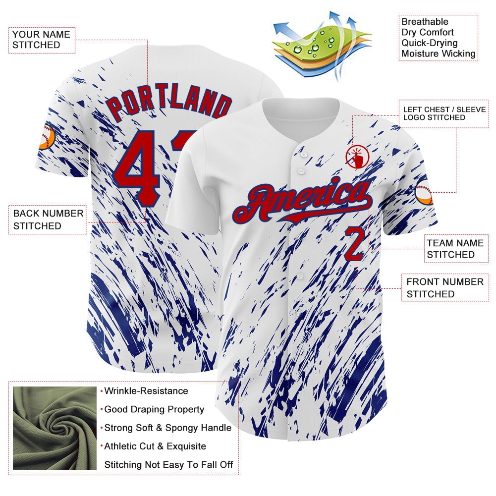 Custom White Red-Royal 3D Pattern Design Abstract Splash Authentic Baseball Jersey view 3