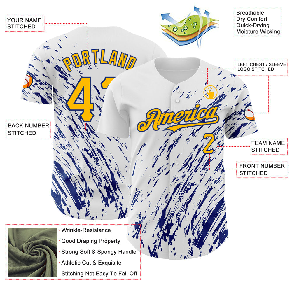 Custom White Gold-Royal 3D Pattern Design Abstract Splash Authentic Baseball Jersey view 3