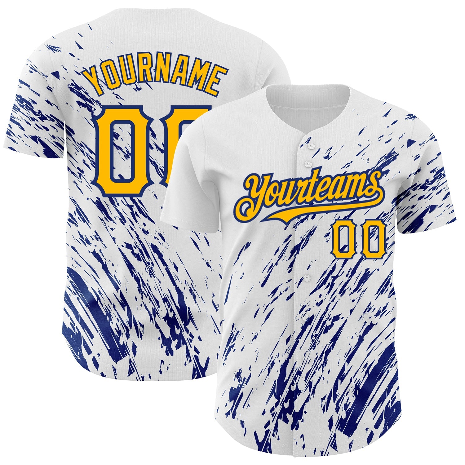 Custom White Gold-Royal 3D Pattern Design Abstract Splash Authentic Baseball Jersey - Main View
