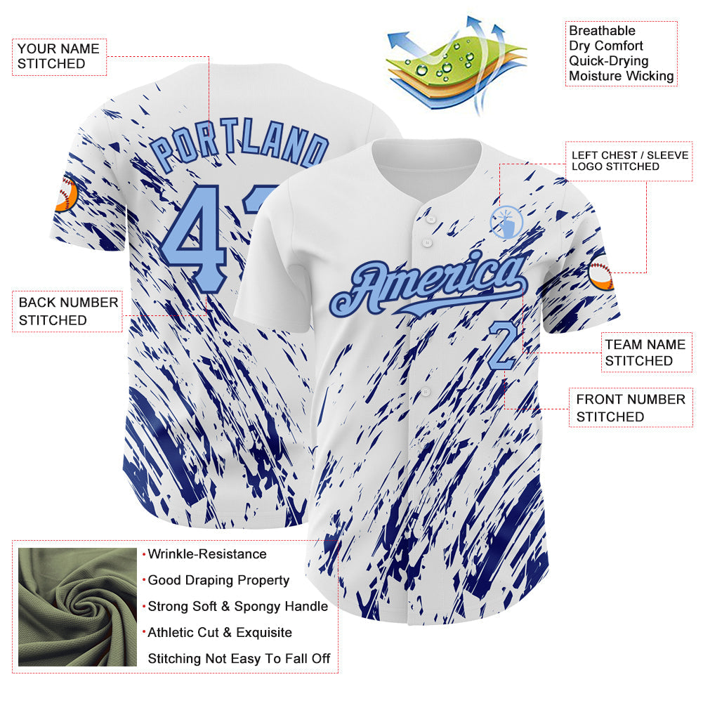 Custom White Light Blue-Royal 3D Pattern Design Abstract Splash Authentic Baseball Jersey view 3