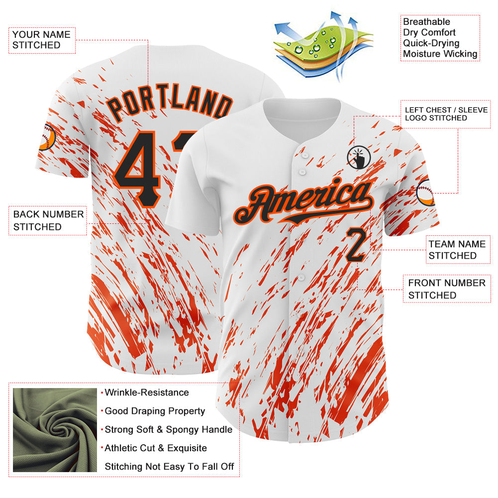Custom White Black-Orange 3D Pattern Design Abstract Splash Authentic Baseball Jersey view 3