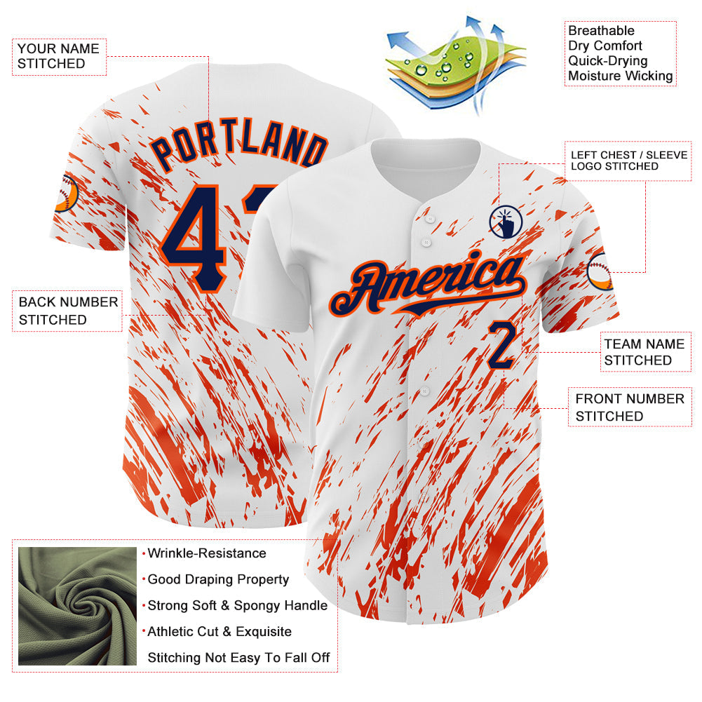 Custom White Navy-Orange 3D Pattern Design Abstract Splash Authentic Baseball Jersey view 3