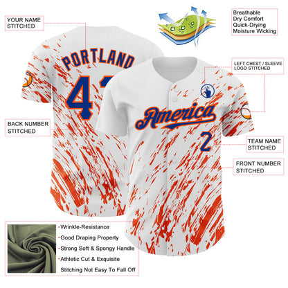 Custom White Royal-Orange 3D Pattern Design Abstract Splash Authentic Baseball Jersey view 3