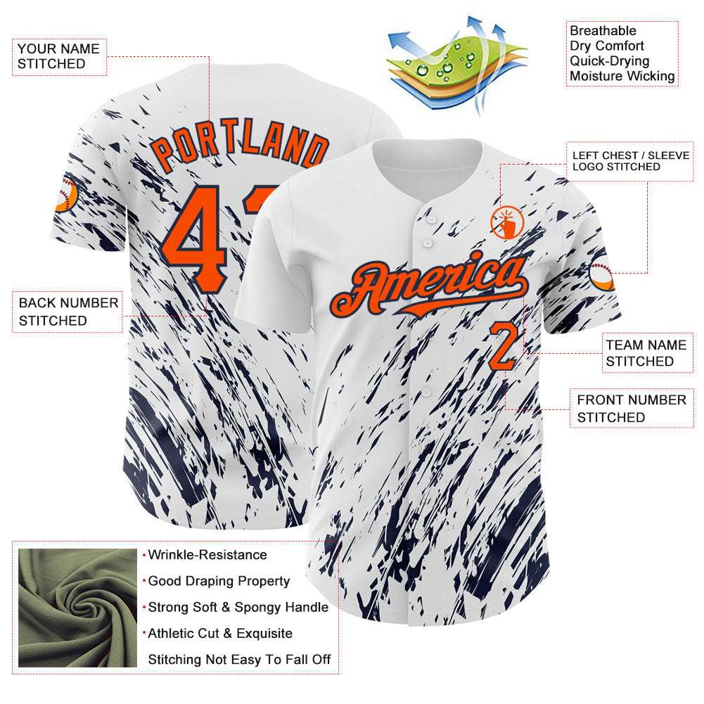 Custom White Orange-Navy 3D Pattern Design Abstract Splash Authentic Baseball Jersey view 3